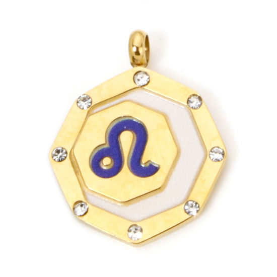 Picture of 1 Piece Eco-friendly PVD Vacuum Plating 304 Stainless Steel Charms Gold Plated White Octagon Leo Sign Of Zodiac Constellations Painted Clear Rhinestone 21mm x 17mm