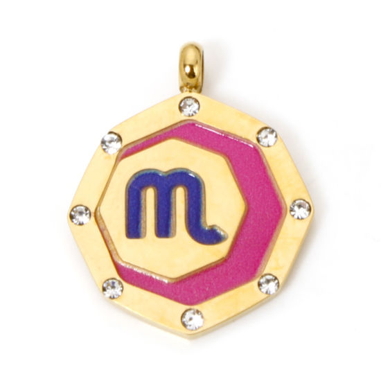 Picture of 1 Piece Eco-friendly PVD Vacuum Plating 304 Stainless Steel Charms Gold Plated Fuchsia Octagon Scorpio Sign Of Zodiac Constellations Painted Clear Rhinestone 21mm x 17mm