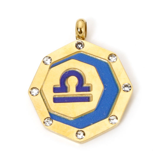 Picture of 1 Piece Eco-friendly PVD Vacuum Plating 304 Stainless Steel Charms Gold Plated Blue Octagon Libra Sign Of Zodiac Constellations Painted Clear Rhinestone 21mm x 17mm