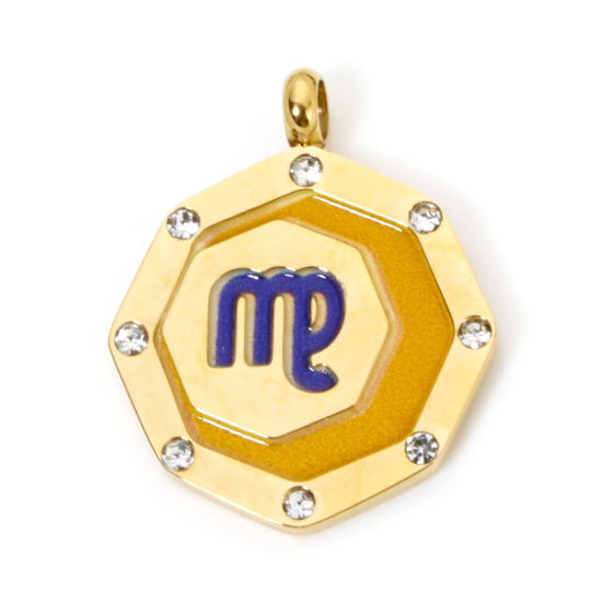 Picture of 1 Piece Eco-friendly PVD Vacuum Plating 304 Stainless Steel Charms Gold Plated Orange Octagon Virgo Sign Of Zodiac Constellations Painted Clear Rhinestone 21mm x 17mm