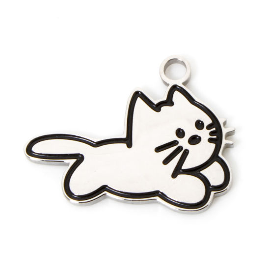 Picture of 2 PCs 304 Stainless Steel Pet Silhouette Charms Silver Tone Cat Animal Corrosion 20mm x 15mm