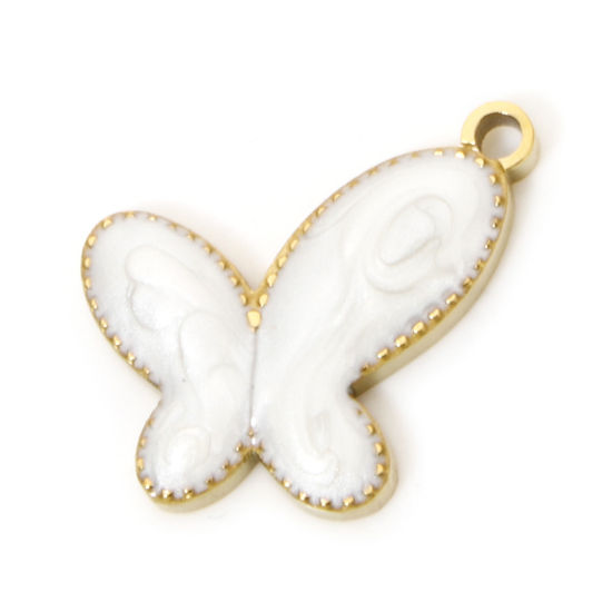 Bild von 2 Stück Umweltfreundliche PVD-Vakuumbeschichtung 304 Edelstahl Insekt Charms Schmetterling Vergoldet Perlmuttartig Weiß Emaille 16mm x 15mm