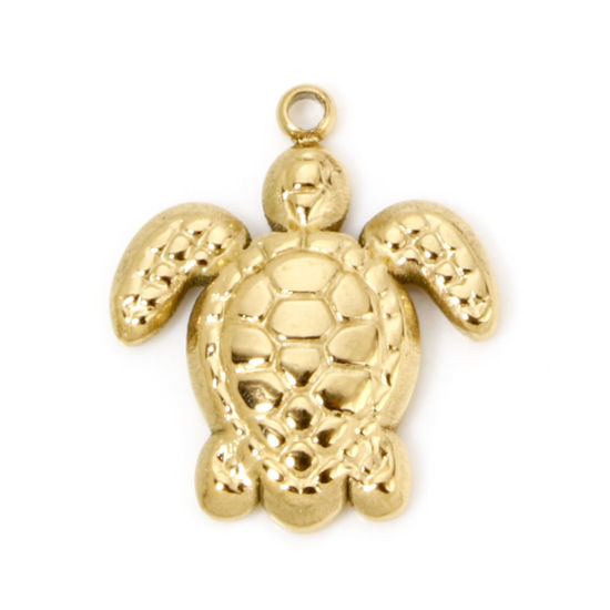 Picture of 2 PCs Eco-friendly PVD Vacuum Plating 304 Stainless Steel Ocean Jewelry Charms 18K Real Gold Plated Sea Turtle Animal 18mm x 15mm