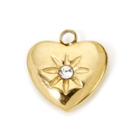 Picture of 2 PCs Eco-friendly PVD Vacuum Plating Waterproof Anti-Tarnish Hypoallergenic 304 Stainless Steel Galaxy Charms 18K Real Gold Plated Heart Star Clear Rhinestone 11mm x 11mm