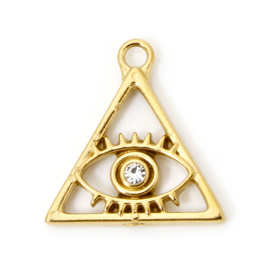 Image de 2 Pcs Breloques en 304 Acier Inoxydable Placage sous Vide PVD Respectueux de l'Environnement Religieux Triangle Plaqué Or Véritable 18K Yeux à Strass Transparent 18mm x 17mm