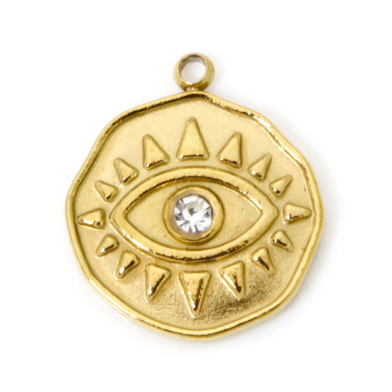 Image de 2 Pcs Breloques en 304 Acier Inoxydable Placage sous Vide PVD Respectueux de l'Environnement Religieux Rond Plaqué Or Véritable 18K Yeux à Strass Transparent 17mm x 15mm