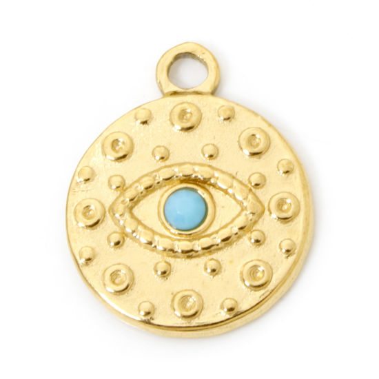 Image de 2 Pcs Breloques en 304 Acier Inoxydable Placage sous Vide PVD Respectueux de l'Environnement Religieux Rond Plaqué Or Véritable 18K Yeux à Strass Bleu 19mm x 15mm