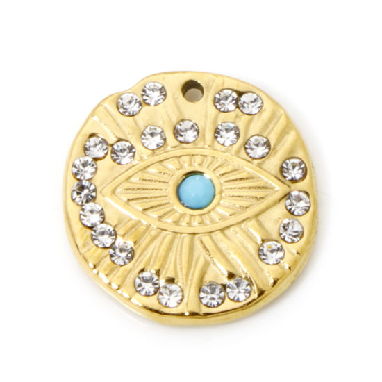 Image de 2 Pcs Breloques en 304 Acier Inoxydable Placage sous Vide PVD Respectueux de l'Environnement Religieux Rond Plaqué Or Véritable 18K Yeux à Strass Bleu 19.5mm x 19mm