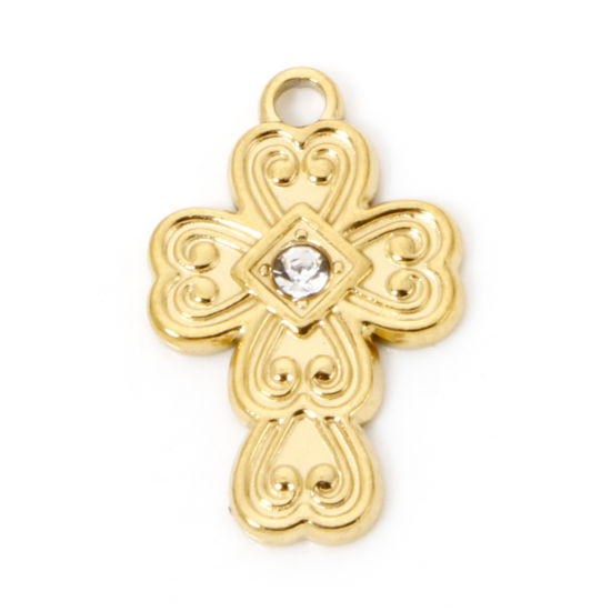 Picture of 2 PCs Eco-friendly PVD Vacuum Plating 304 Stainless Steel Religious Charms 18K Real Gold Plated Cross Heart Clear Rhinestone 21mm x 13mm