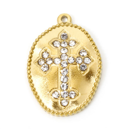 Picture of 2 PCs Eco-friendly PVD Vacuum Plating 304 Stainless Steel Religious Charms 18K Real Gold Plated Oval Cross Clear Rhinestone 23mm x 16mm