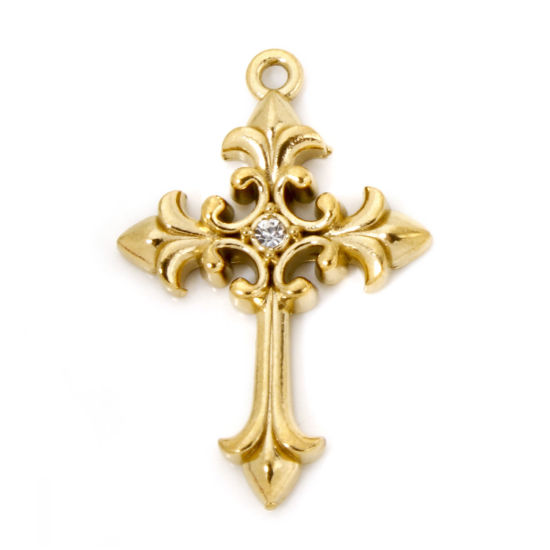 Picture of 2 PCs Eco-friendly PVD Vacuum Plating 304 Stainless Steel Religious Charms 18K Real Gold Plated Cross Clear Rhinestone 28mm x 19mm