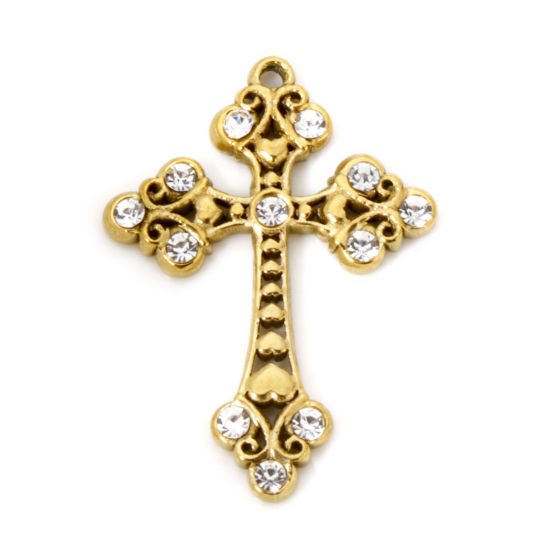 Picture of 2 PCs Eco-friendly PVD Vacuum Plating 304 Stainless Steel Religious Charms 18K Real Gold Plated Cross Clear Rhinestone 28mm x 21mm
