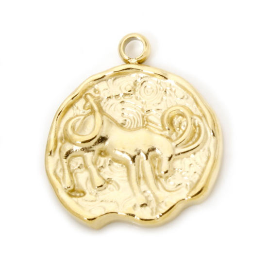 Image de 1 Pièce Breloques en 304 Acier Inoxydable Placage sous Vide PVD Respectueux de l'Environnement Rond Plaqué Or Véritable 14K Constellation Capricorne 18mm x 15mm