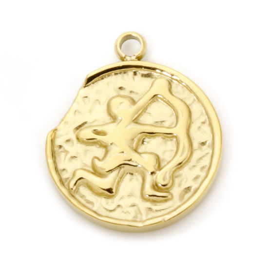 Image de 1 Pièce Breloques en 304 Acier Inoxydable Placage sous Vide PVD Respectueux de l'Environnement Rond Plaqué Or Véritable 14K Constellation Sagittaire 18mm x 15mm