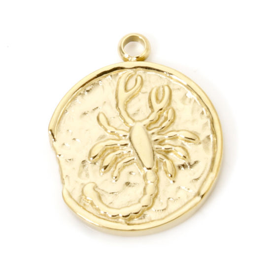 Image de 1 Pièce Breloques en 304 Acier Inoxydable Placage sous Vide PVD Respectueux de l'Environnement Rond Plaqué Or Véritable 14K Constellation Scorpion 18mm x 15mm