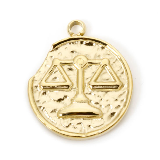 Image de 1 Pièce Breloques en 304 Acier Inoxydable Placage sous Vide PVD Respectueux de l'Environnement Rond Plaqué Or Véritable 14K Constellation Balance 18mm x 15mm