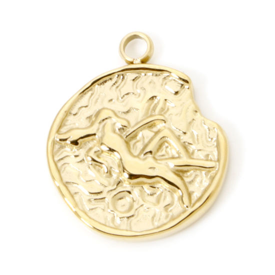 Image de 1 Pièce Breloques en 304 Acier Inoxydable Placage sous Vide PVD Respectueux de l'Environnement Rond Plaqué Or Véritable 14K Constellation Vierge 18mm x 15mm