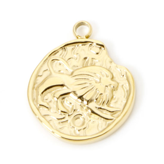 Image de 1 Pièce Breloques en 304 Acier Inoxydable Placage sous Vide PVD Respectueux de l'Environnement Rond Plaqué Or Véritable 14K Constellation Lion 18mm x 15mm