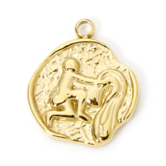 Image de 1 Pièce Breloques en 304 Acier Inoxydable Placage sous Vide PVD Respectueux de l'Environnement Rond Plaqué Or Véritable 14K Constellation Verseau 18mm x 15mm