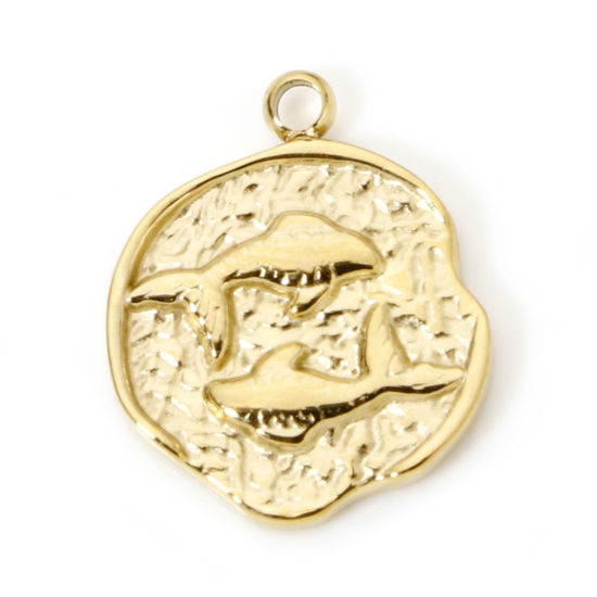 Image de 1 Pièce Breloques en 304 Acier Inoxydable Placage sous Vide PVD Respectueux de l'Environnement Rond Plaqué Or Véritable 14K Constellation Poissons 18mm x 15mm