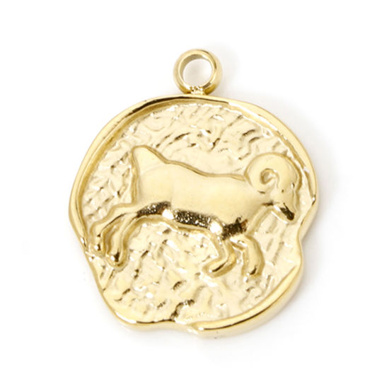 Image de 1 Pièce Breloques en 304 Acier Inoxydable Placage sous Vide PVD Respectueux de l'Environnement Rond Plaqué Or Véritable 14K Constellation Bélier 18mm x 15mm