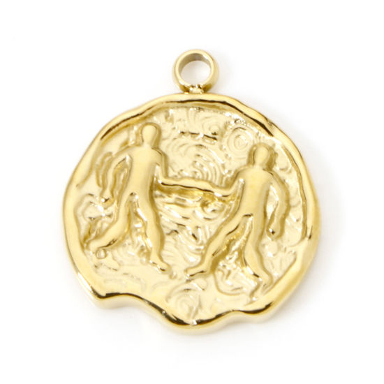 Image de 1 Pièce Breloques en 304 Acier Inoxydable Placage sous Vide PVD Respectueux de l'Environnement Rond Plaqué Or Véritable 14K Constellation Gémeaux 18mm x 15mm