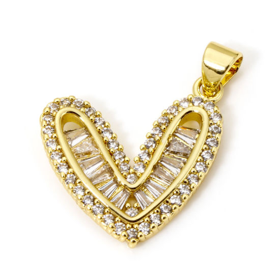Bild von 1 Stück Umweltfreundlich Messing Valentinstag Charm-Anhänger 18K Echtgold plattiert Herz Micro Pave Klar Zirkonia 25mm x 19.5mm