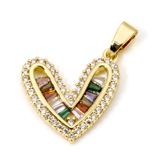 Bild von 1 Stück Umweltfreundlich Messing Valentinstag Charm-Anhänger 18K Echtgold plattiert Herz Micro Pave Bunt Zirkonia 25mm x 19.5mm