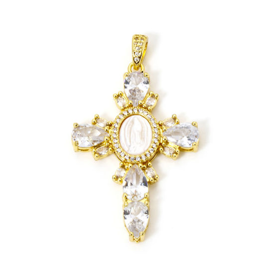 Imagen de 1 Unidad Respetuoso del Medio Ambiente Concha Naturales & Latón Religión Colgantes Cruz 18K Oro Real Chapado Virgen María Micro Pave Claro Circón Artificial 5.3cm x 3.1cm