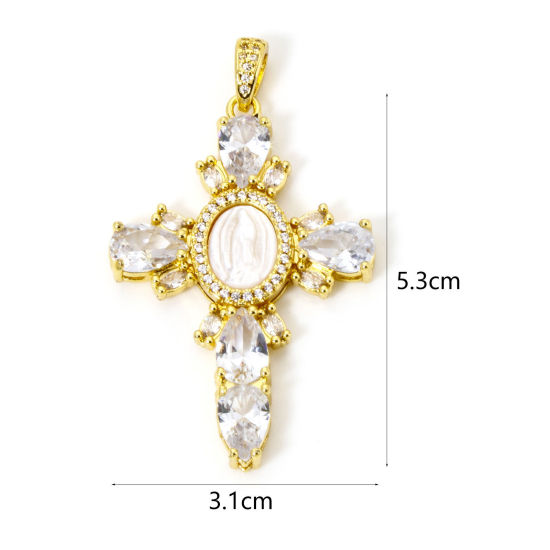 Imagen de 1 Unidad Respetuoso del Medio Ambiente Concha Naturales & Latón Religión Colgantes Cruz 18K Oro Real Chapado Virgen María Micro Pave Claro Circón Artificial 5.3cm x 3.1cm