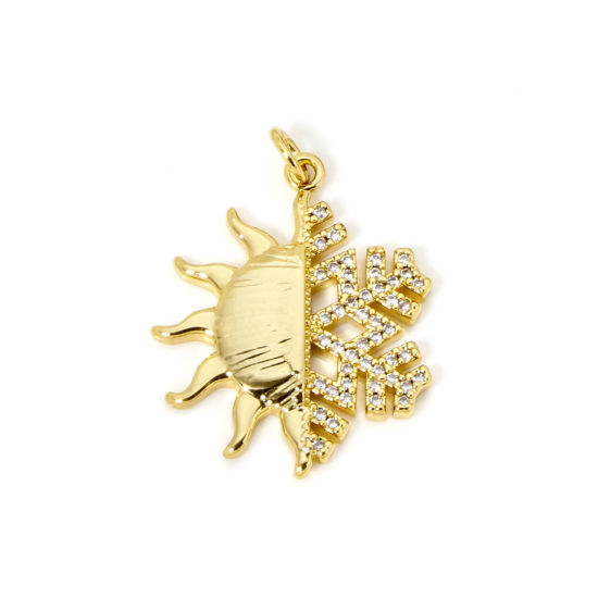 Immagine di 1 Pz Ottone Tempo Collezione Ciondoli Pendenti Sole Placcato Oro 18K Fiocco di Neve Micro Spianare Trasparente Cubic Zirconiae 3cm x 2.2cm