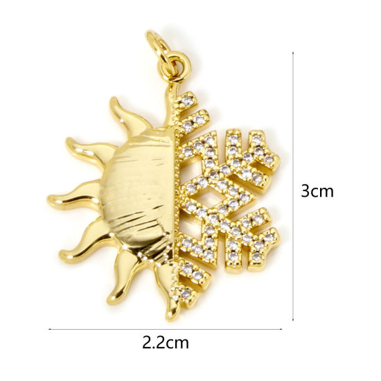 Immagine di 1 Pz Ottone Tempo Collezione Ciondoli Pendenti Sole Placcato Oro 18K Fiocco di Neve Micro Spianare Trasparente Cubic Zirconiae 3cm x 2.2cm