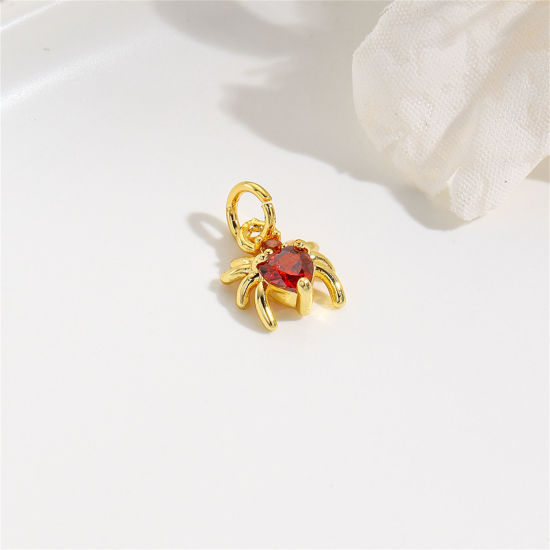 Immagine di 2 Pz Ottone Mini Ciondoli Ragno Placcato Oro 18K Rosso Strass 12mm x 8mm
