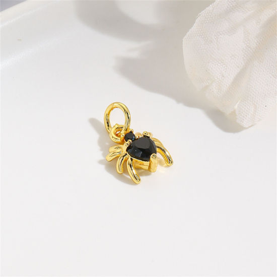 Immagine di 2 Pz Ottone Mini Ciondoli Ragno Placcato Oro 18K Nero Strass 12mm x 8mm