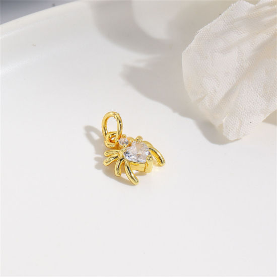 Immagine di 2 Pz Ottone Mini Ciondoli Ragno Placcato Oro 18K Trasparente Strass 12mm x 8mm