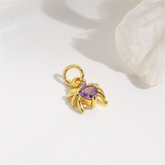 Immagine di 2 Pz Ottone Mini Ciondoli Ragno Placcato Oro 18K Ametista Strass 12mm x 8mm