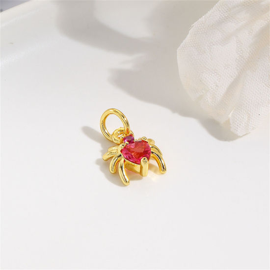 Immagine di 2 Pz Ottone Mini Ciondoli Ragno Placcato Oro 18K Rosso Prugna Strass 12mm x 8mm