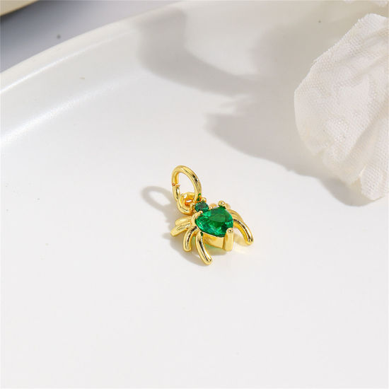 Immagine di 2 Pz Ottone Mini Ciondoli Ragno Placcato Oro 18K Verde Strass 12mm x 8mm