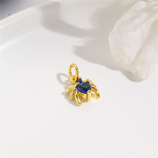 Immagine di 2 Pz Ottone Mini Ciondoli Ragno Placcato Oro 18K Blu Notte Strass 12mm x 8mm