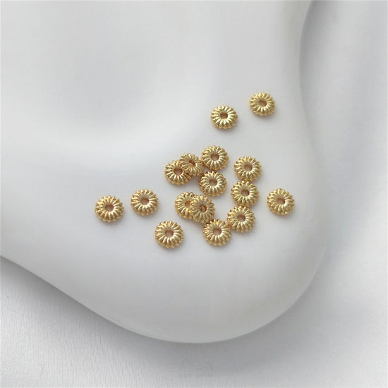 Picture of 20 PCs Eco-friendly Brass Spacer Beads For DIY Bracelet Jewelry Making Findings 14K Real Gold Plated Flat Round Carved Pattern About 4mm Dia.