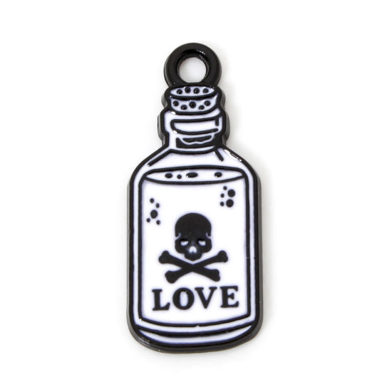 Picture of 10 PCs Zinc Based Alloy Halloween Charms Black Black & White Bottle Skull Message " LOVE " Enamel 23mm x 9.5mm