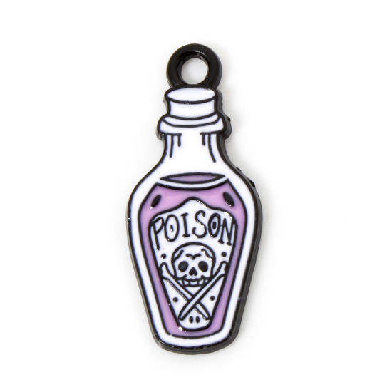 Picture of 10 PCs Zinc Based Alloy Halloween Charms Black White & Purple Bottle Skull Enamel 23mm x 10mm