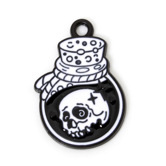 Picture of 10 PCs Zinc Based Alloy Halloween Charms Black Black & White Bottle Skull Enamel 23mm x 16mm