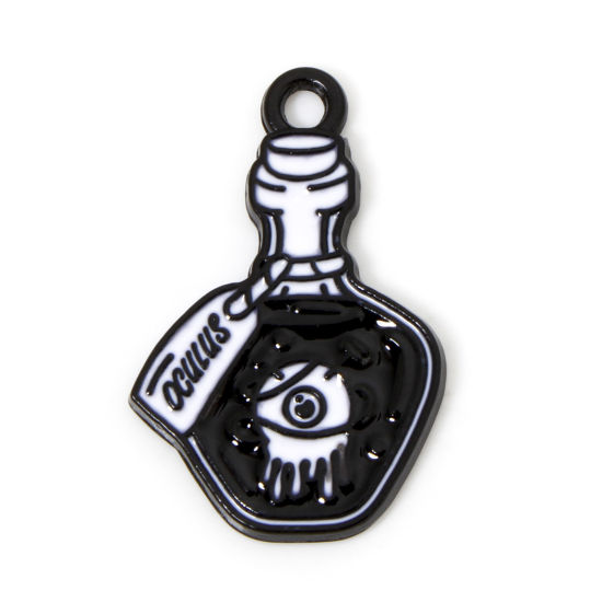 Picture of 10 PCs Zinc Based Alloy Halloween Charms Black Black & White Bottle Eye Enamel 23mm x 15mm