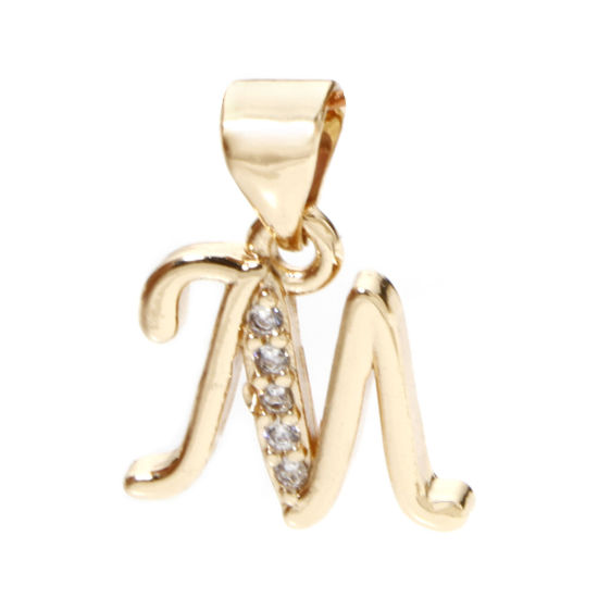 Image de 1 Pièce Pendentif Breloque en Laiton Respectueux de la Nature Alphabet Majuscule Lettre Initiale Plaqué Or Véritable 14K Mots" M " Micro Pave à Zircone Cubique Clair 16mm x 12mm