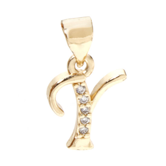 Image de 1 Pièce Pendentif Breloque en Laiton Respectueux de la Nature Alphabet Majuscule Lettre Initiale Plaqué Or Véritable 14K Mots" Y " Micro Pave à Zircone Cubique Clair 17mm x 9mm