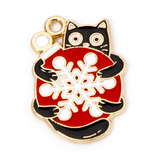 Picture of 10 PCs Zinc Based Alloy Christmas Charms Gold Plated Multicolor Cat Animal Christmas Baubles Enamel 25mm x 18mm