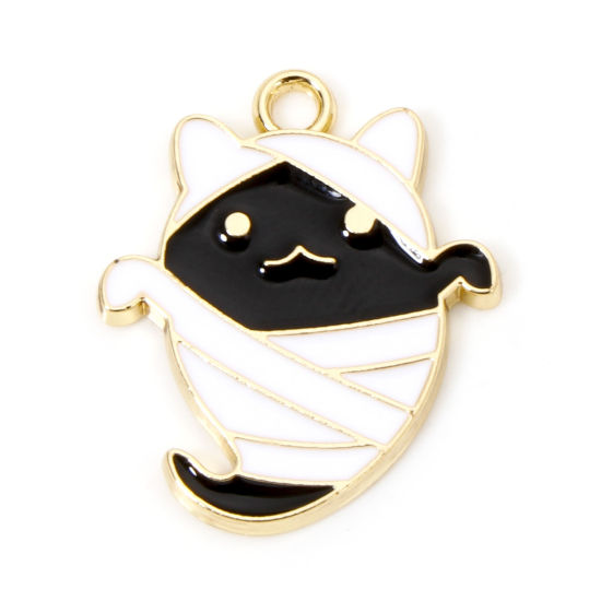 Picture of 10 PCs Zinc Based Alloy Halloween Charms Gold Plated Black & White Halloween Mummy Cat Enamel 20mm x 17mm