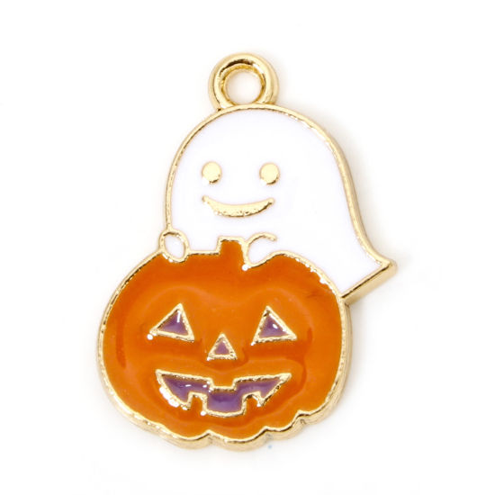 Picture of 10 PCs Zinc Based Alloy Halloween Charms Gold Plated White & Orange Halloween Ghost Halloween Pumpkin Enamel 21mm x 15mm