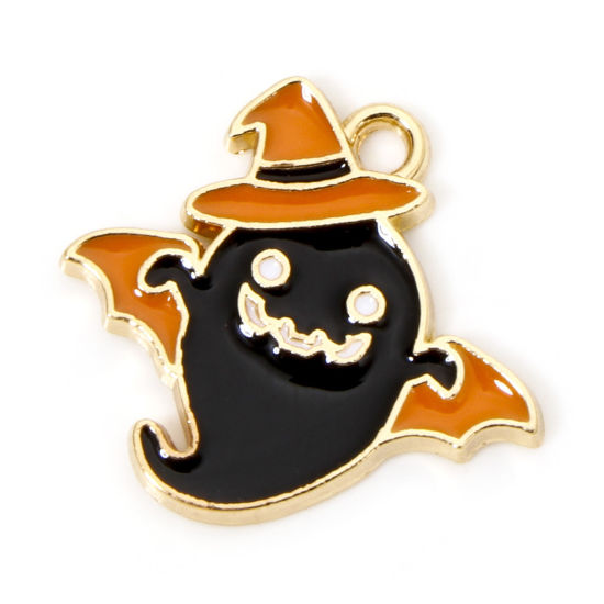 Picture of 10 PCs Zinc Based Alloy Halloween Charms Gold Plated Black & Orange Halloween Ghost Wing Enamel 19mm x 17mm